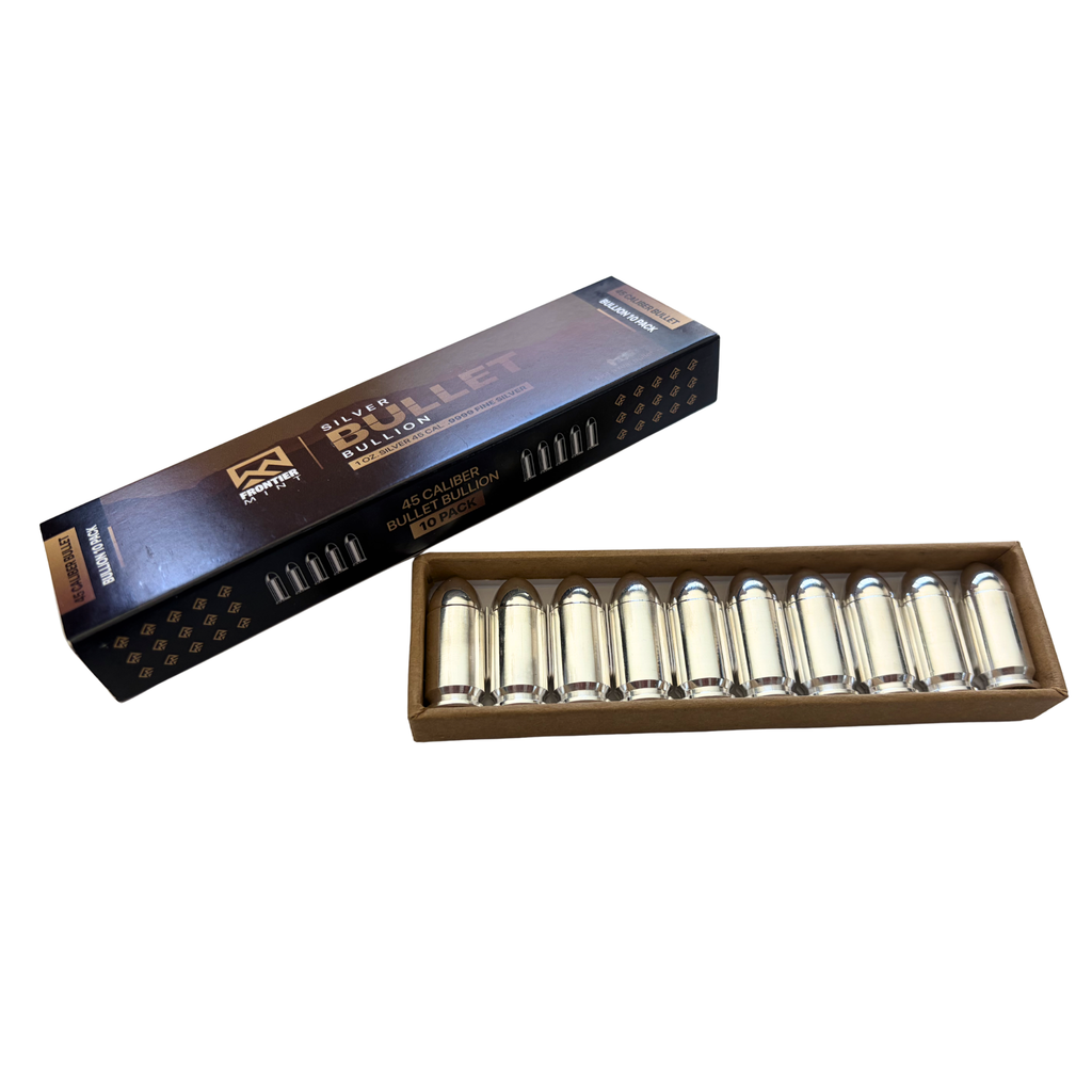 Box of 10 - 1 oz Silver Bullet Replica, .9999 Fine Silver, .45 Caliber, Frontier Mint Raw