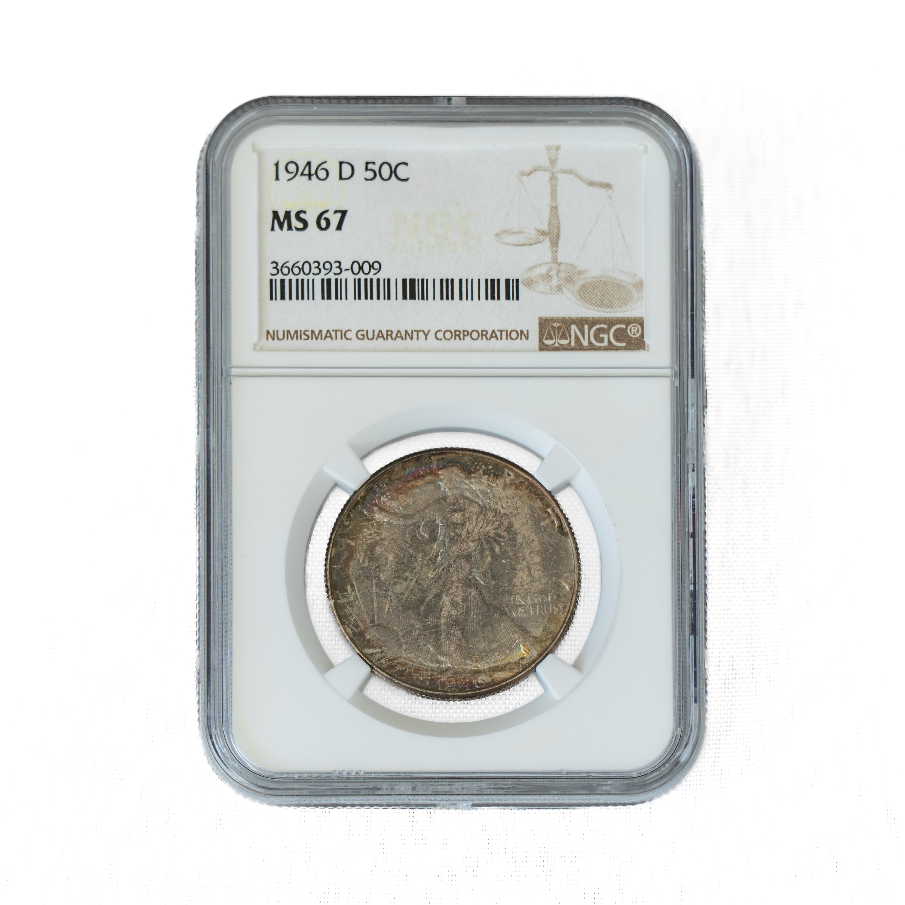 1946 $0.50 toned Walking Liberty Half Dollar D, NGC MS67