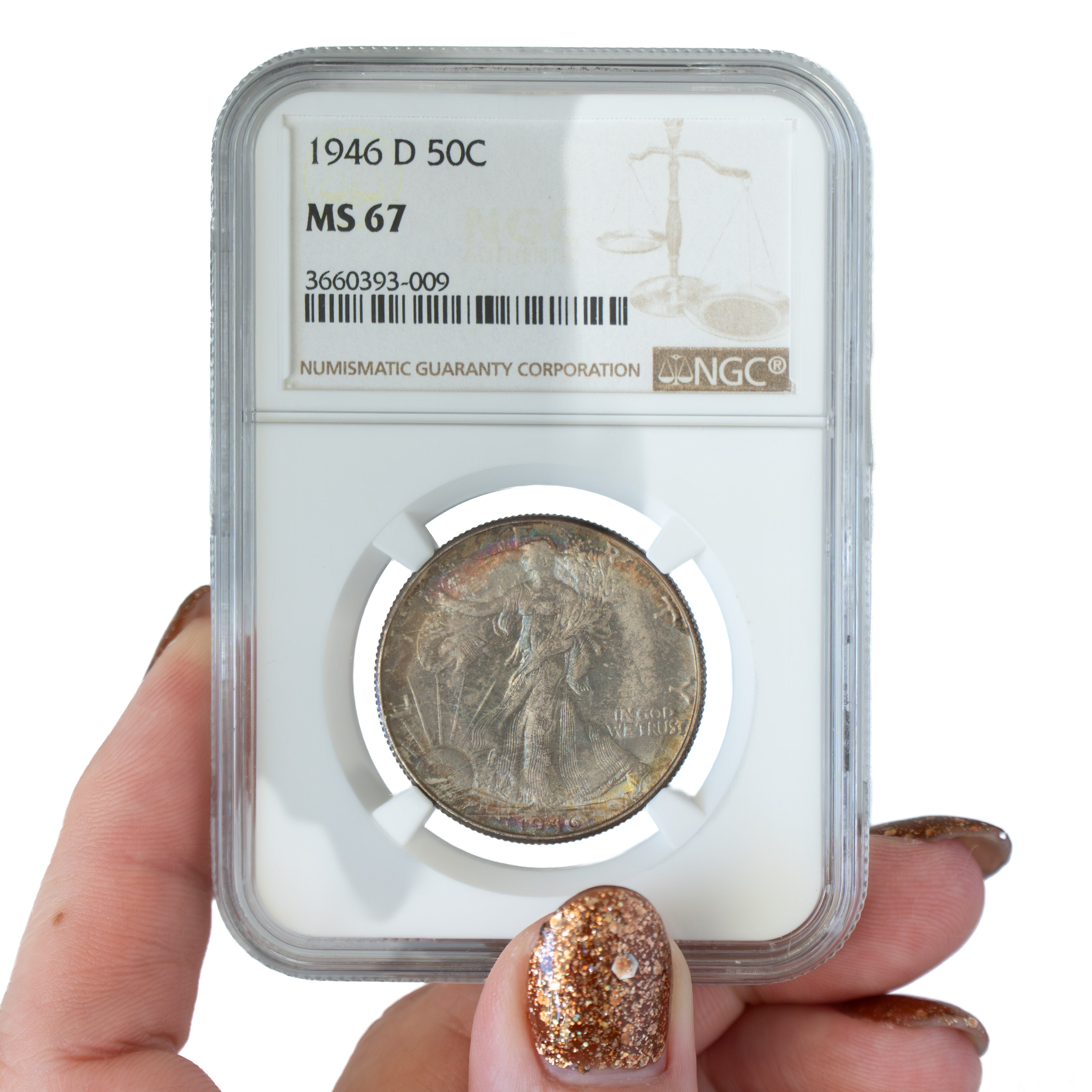 1946 $0.50 Toned Walking Liberty Half Dollar D – NGC MS67