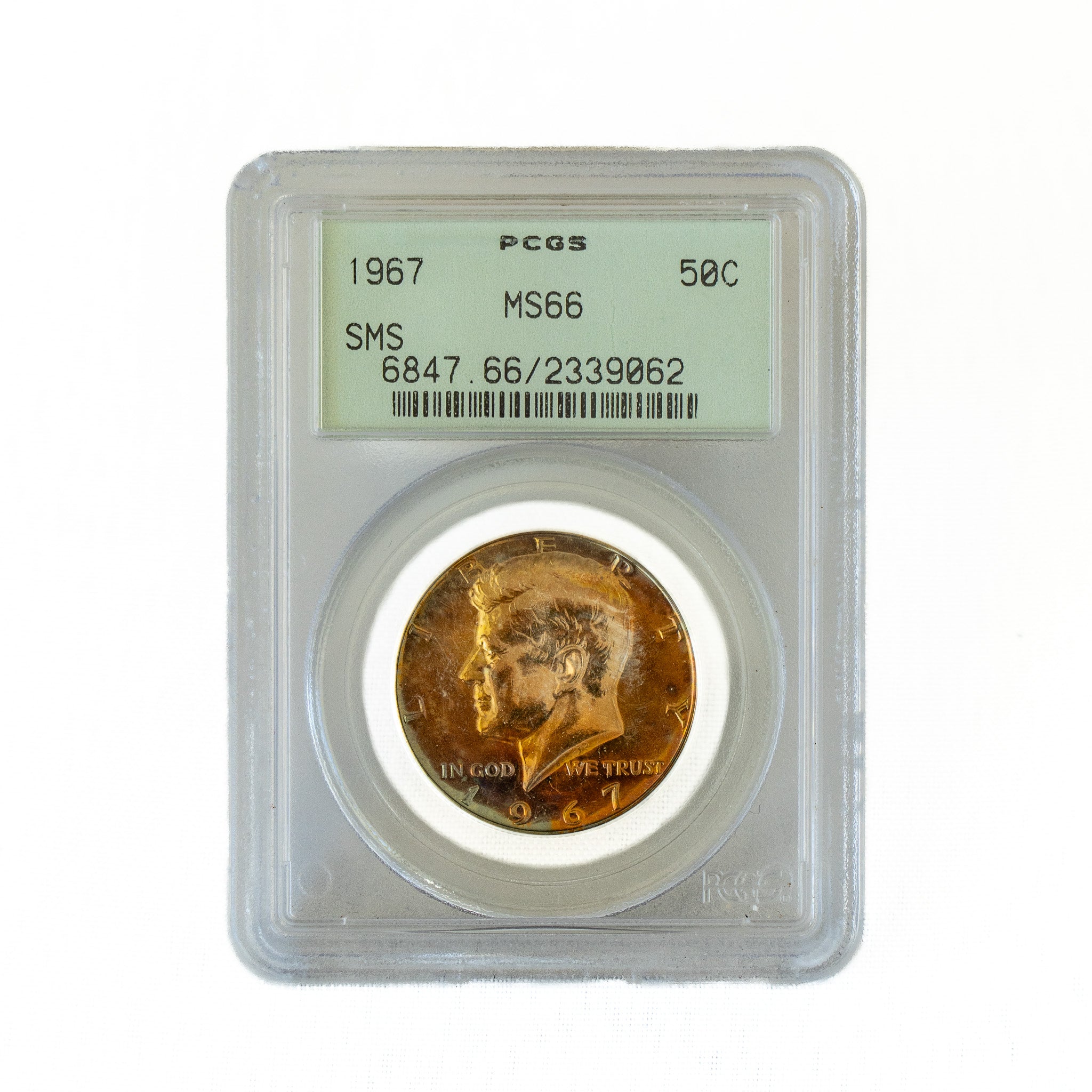 1967 $0.50 Toned Kennedy Half Dollar, SMS - PCGS MS66, OGH