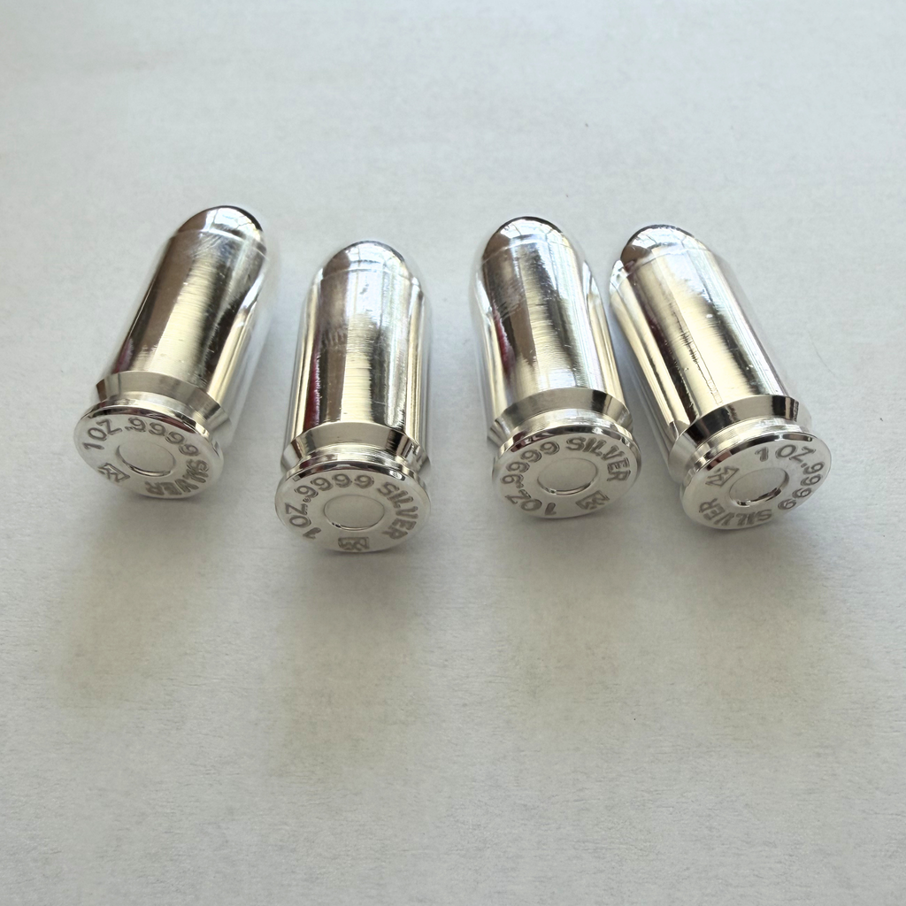 Box of 10 - 1 oz Silver Bullet Replica, .9999 Fine Silver, .45 Caliber, Frontier Mint Raw