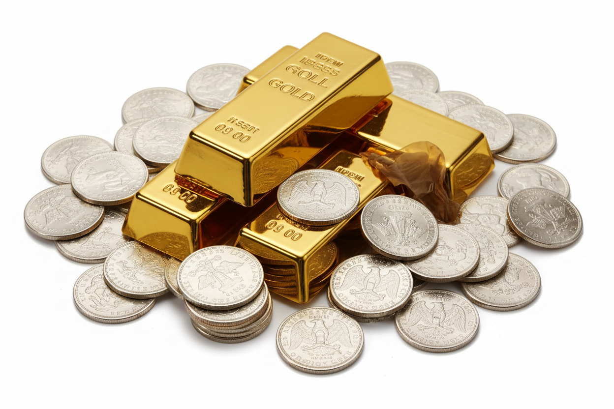 gold bars and minted silver coins mixed together